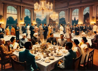 A 1960's dinner party in New Delhi featuring Indian political and social elites; Image Source: @Canva AI generated
