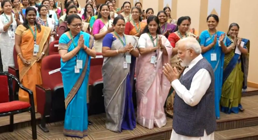 Image: Prime Minister Modi convened with scientists from the Indian Space Research Organisation (ISRO) at ISRO's Telemetry Tracking & Command Network Mission Control Complex in Bengaluru to extend his personal congratulations to women scientists (Source: X)