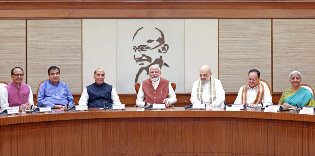 India's Prime Minister Narendra Modi chairs his first Union Cabinet meeting at the start of his third term, in New Delhi on Monday.; Image Source:PIB