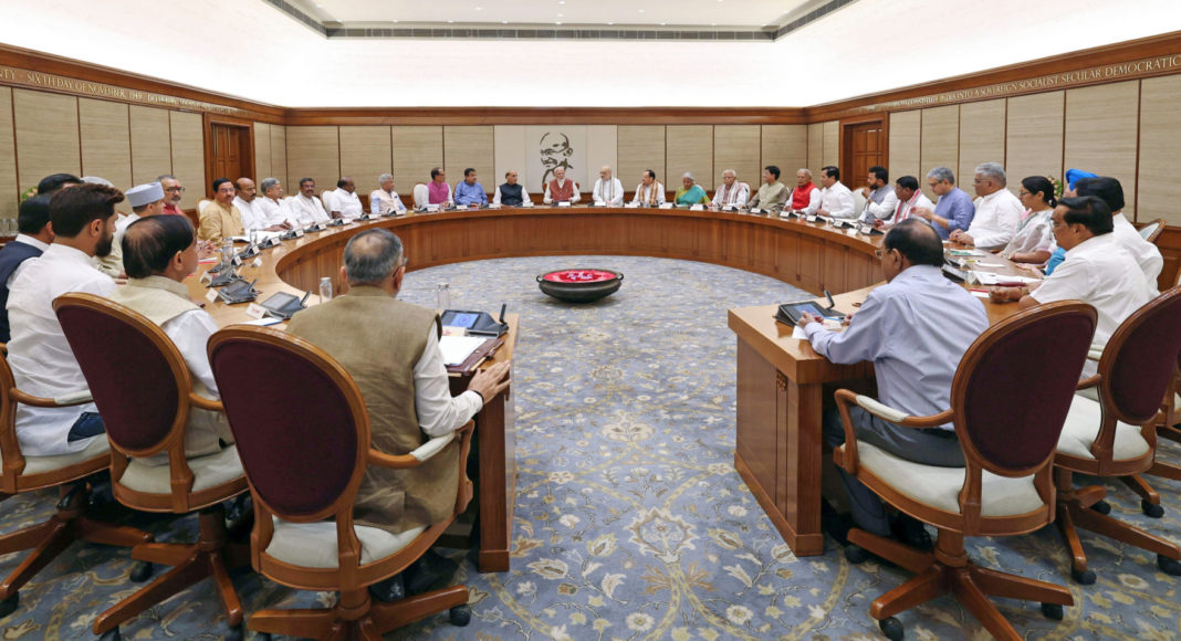 India's Prime Minister Narendra Modi chairs his first Union Cabinet meeting at the start of his third term, in New Delhi on Monday.; Image Source:PIB