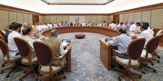 India's Prime Minister Narendra Modi chairs his first Union Cabinet meeting at the start of his third term, in New Delhi on Monday.; Image Source:PIB
