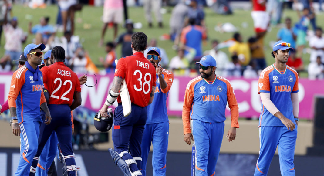 India won by 68 runs Guyana, Jun 28 (ANI): Players exchange handshakes after the semi-final match between India and England in the ICC Mens T20 World Cup 2024, at Providence Stadium in Guyana on Thursday. (ANI Photo/Surjeet Yadav)