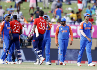 Guyana, Jun 28 (ANI): Players exchange handshakes after the semi-final match between India and England in the ICC Mens T20 World Cup 2024, at Providence Stadium in Guyana on Thursday. (ANI Photo/Surjeet Yadav)