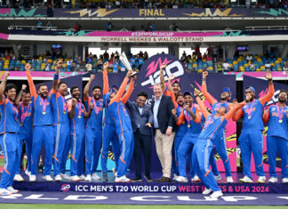 Barbados, Jun 30 (ANI): India's players celebrate with the trophy after beating South Africa by 7 runs in the ICC Mens T20 World Cup 2024 final match, at Kensington Oval in Barbados on Saturday. (ANI Photo)