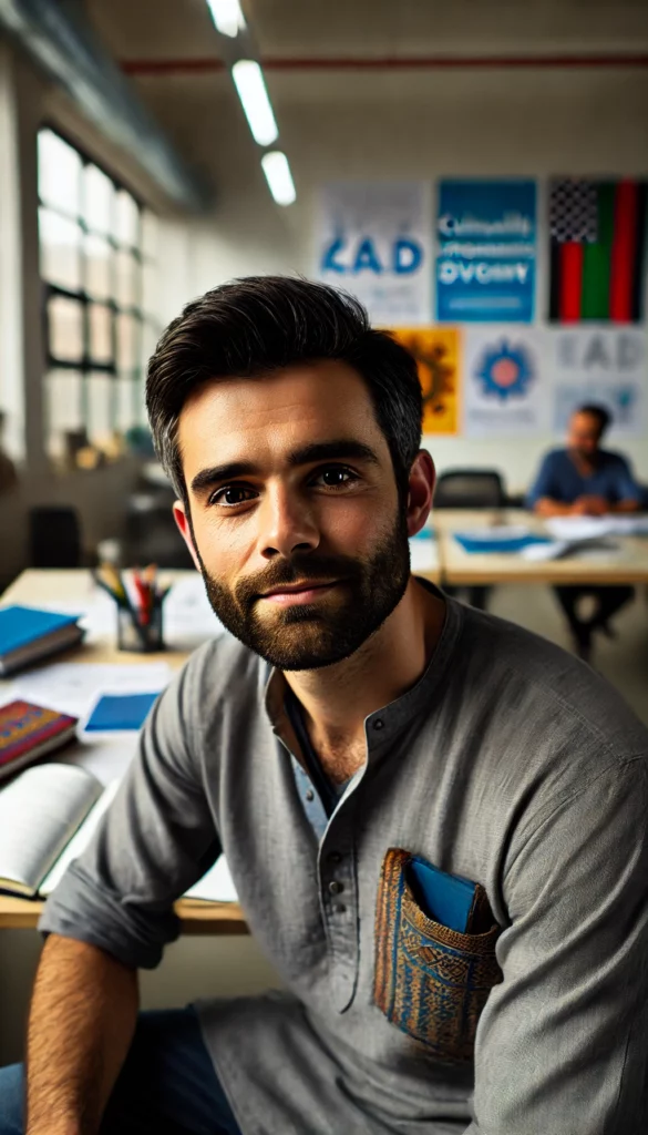 DALL·E 2024 06 20 15.44.04 A portrait of Ahmad a former teacher from Kabul. Ahmad has a kind expression with short dark hair and a trimmed beard. He is wearing a casual shirt 2