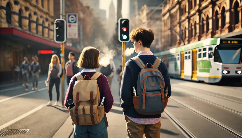 DALL·E 2024 06 27 14.36.24 A realistic scene showing the backs of two school age youngsters vaping on a Melbourne street. The teenagers are dressed in casual clothing and are st 1
