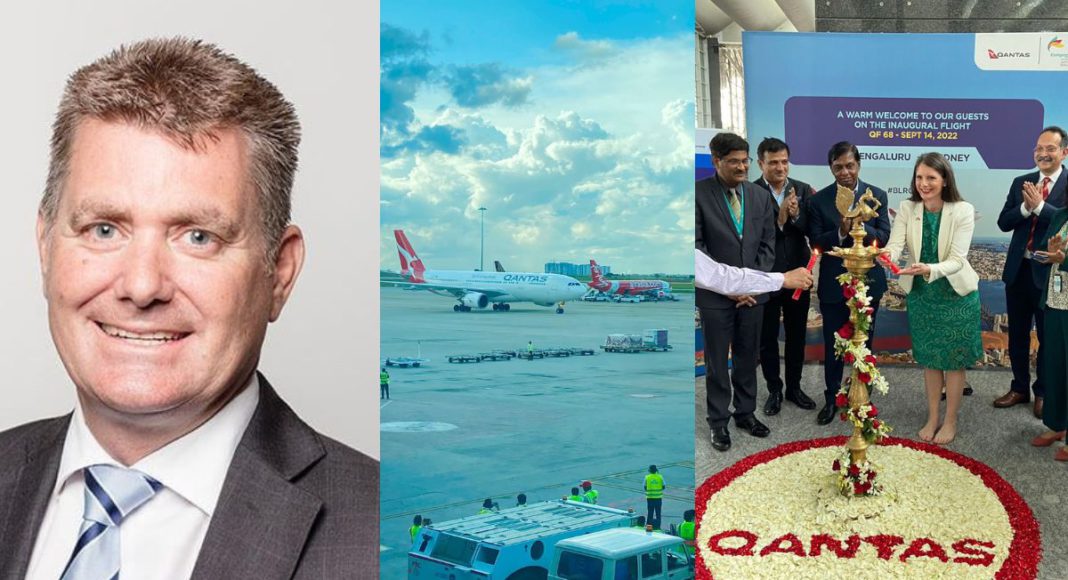 Image: Qantas International CEO Cam Wallace and first direct scheduled flight between Australia and South India in 2022 (Source: X)