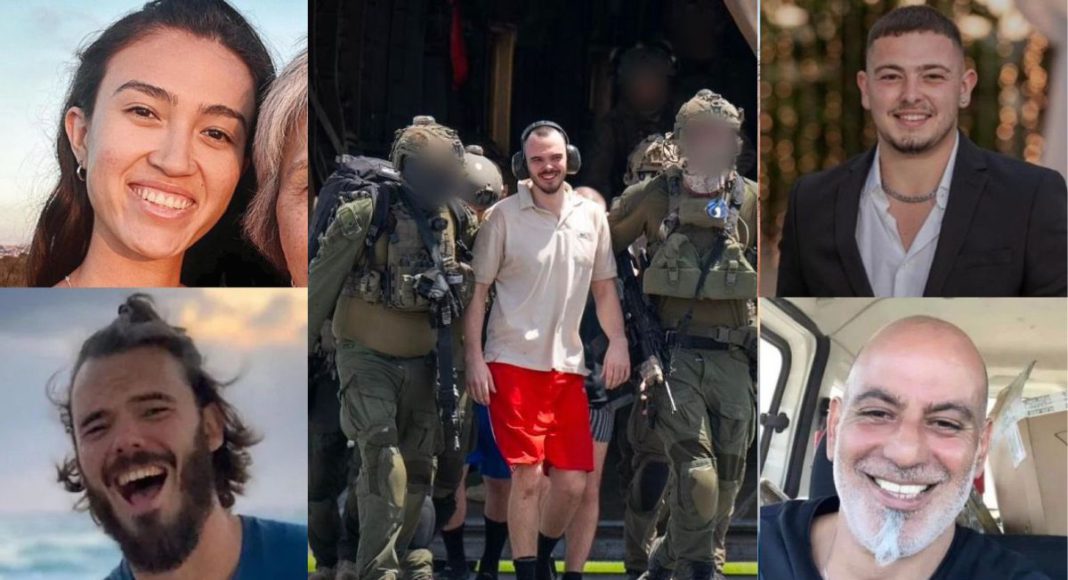 Image: Noa Argamani (25), Almog Meir Jan (21), Andrey Kozlov (27), and Shlomi Ziv (40) rescued in a heroic operation by the IDF, ISA and Israel Police (Source: IDF - X)