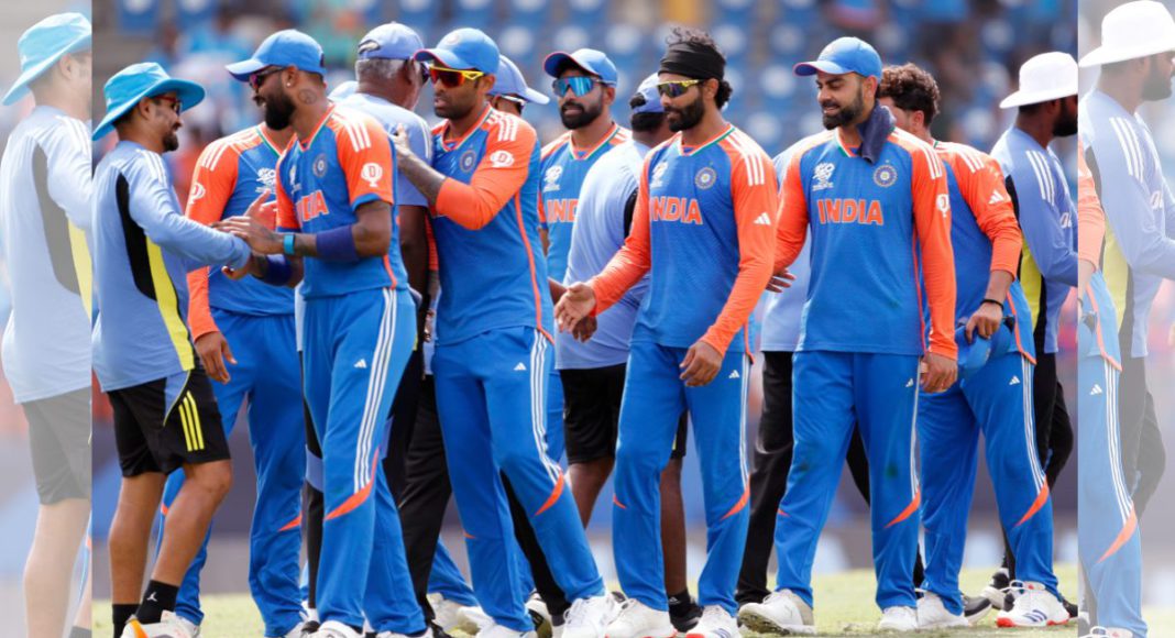St Lucia, Jun 24 (ANI): Player's exchange handshake after the Super 8 Group 1 match between Australia and India in the ICC Mens T20 World Cup 2024, at Daren Sammy National Cricket Stadium, Gros Islet, in St Lucia on Monday. (ANI Photo/Surjeet Yadav)