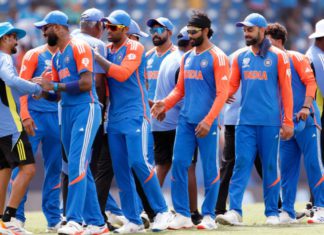 St Lucia, Jun 24 (ANI): Player's exchange handshake after the Super 8 Group 1 match between Australia and India in the ICC Mens T20 World Cup 2024, at Daren Sammy National Cricket Stadium, Gros Islet, in St Lucia on Monday. (ANI Photo/Surjeet Yadav)
