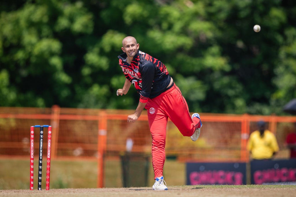 Ashton Agar of Montreal Tigers bowls during GT20 Canada match played between Vancouver Knights and Montreal Tigers 2