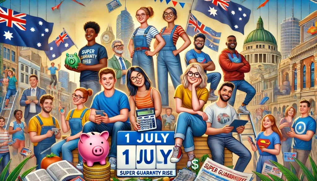 A vibrant scene illustrating younger Australians and low-income earners benefiting from the 1 July Super Guarantee rise; Image Source: AI Generated by TAT Team