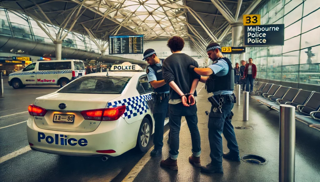 Representative Image created by AI; A tense scene at an airport showing a Melbourne taxi driver being arrested by police officers just moments before boarding a flight.