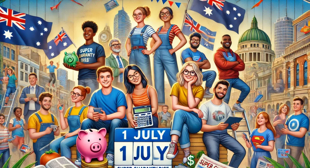 A vibrant scene illustrating younger Australians and low-income earners benefiting from the 1 July Super Guarantee rise; Image Source: AI Generated by TAT Team