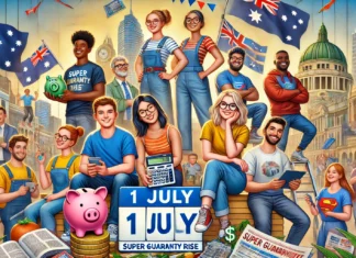 A vibrant scene illustrating younger Australians and low-income earners benefiting from the 1 July Super Guarantee rise; Image Source: AI Generated by TAT Team