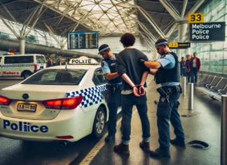 Representative Image created by AI; A tense scene at an airport showing a Melbourne taxi driver being arrested by police officers just moments before boarding a flight.