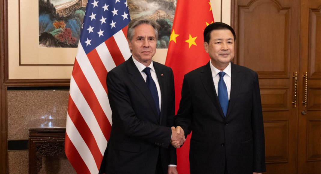 Image: U.S. Secretary of State Antony Blinken with China's Minister of Public Security Wang Xiaohong in Beijing, April 2024 (Source: X)