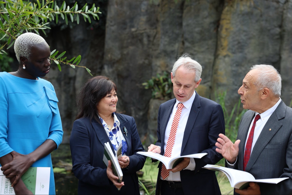 Minister for Immigration, Citizenship, and Multicultural Affairs, Andrew Giles with Dr Bulent Hass Dellal AO, Ms Nyadol Nyuon OAM, and Ms Christine Castley; Image Source: Supplied