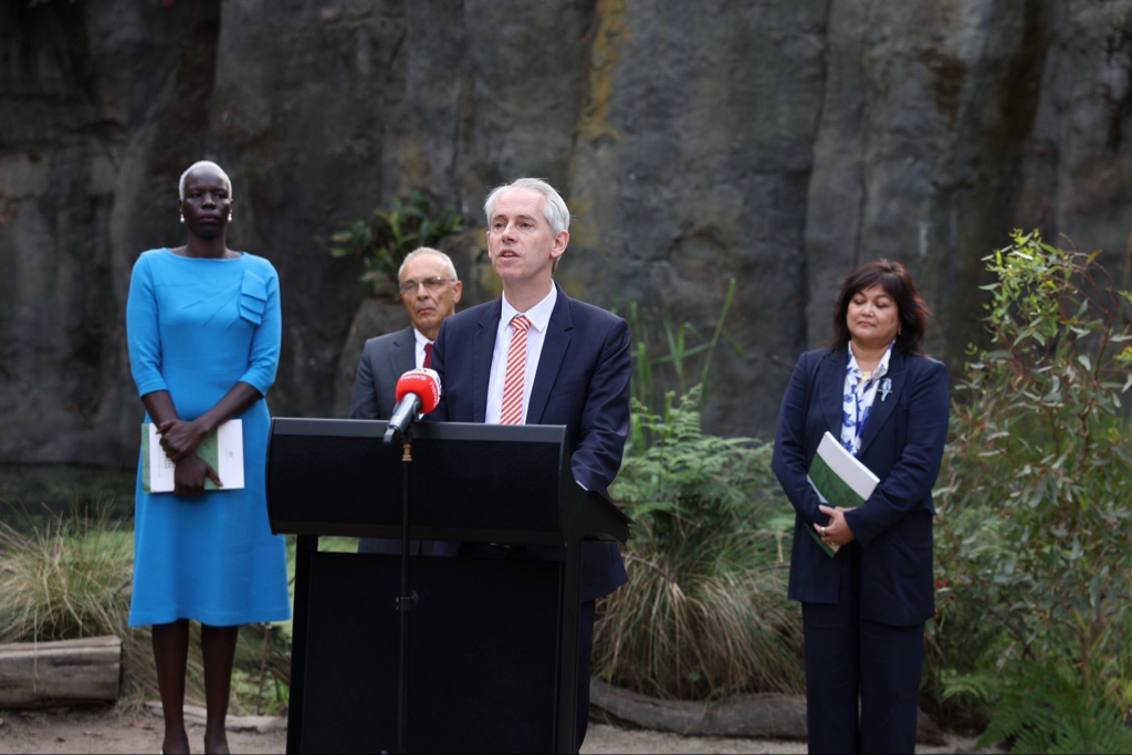 Minister for Immigration, Citizenship, and Multicultural Affairs, Andrew Giles with Dr Bulent Hass Dellal AO, Ms Nyadol Nyuon OAM, and Ms Christine Castley; Image Source: Supplied