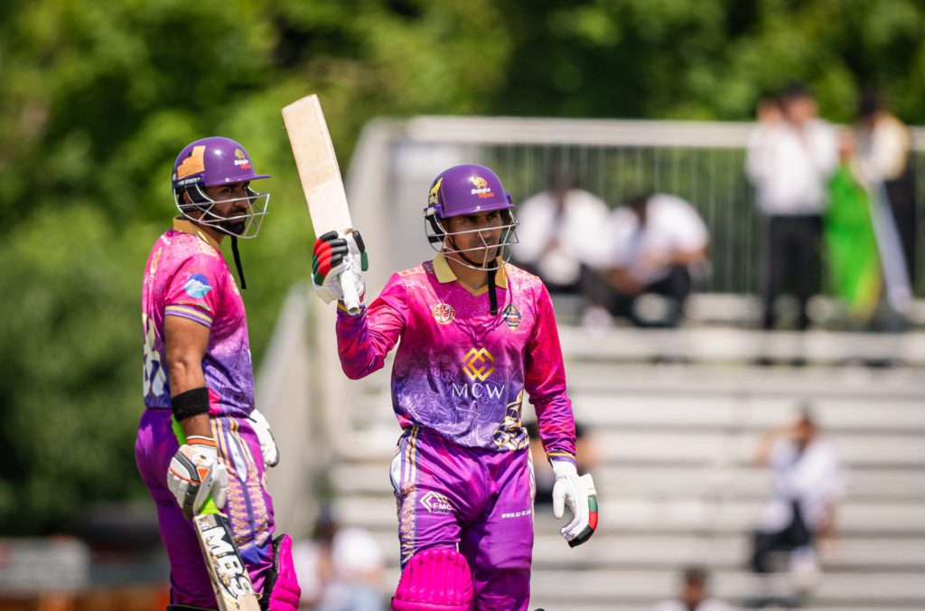 Rahmanullah Gurbaz of Bangla Tigers Mississauga celebrates scoring a half century against Montreal Tigers during a GT20 Canada match 1
