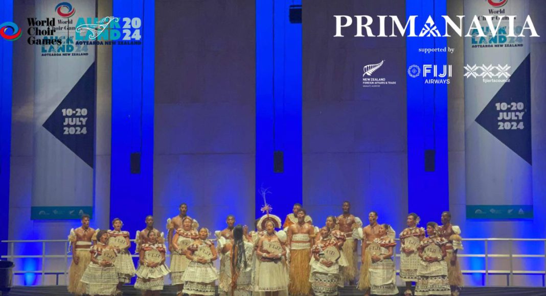 Image: Members of the Fijian Choir Primanavia performing at the 13th World Choir Games in New Zealand (Source: Facebook)
