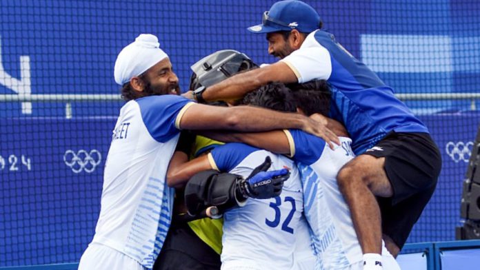 Paris, Aug 04 (ANI): India's players celebrate after winning the men’s quarterfinal hockey match against Great Britain, in the Paris Olympic 2024, at Yves Du Manoir Stadium in Paris on Sunday. India defeats Great Britain 4-2 in the shootout. (ANI Photo/Hockey India- X) Paris, Aug 04 (ANI): India's players celebrate after winning the men’s quarterfinal hockey match against Great Britain, in the Paris Olympic 2024, at Yves Du Manoir Stadium in Paris on Sunday. India defeats Great Britain 4-2 in the shootout. (ANI Photo/Hockey India- X)