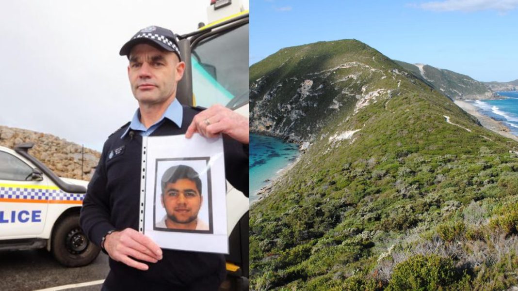Image: Albany police Sergeant Vaughan Mackay with a picture of the missing man. (Credit: Laurie Benson) thewest.com.au and Albany Torndirrup National Park (Source: WA Govt)