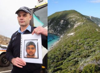 Image: Albany police Sergeant Vaughan Mackay with a picture of the missing man. (Credit: Laurie Benson) thewest.com.au and Albany Torndirrup National Park (Source: WA Govt)
