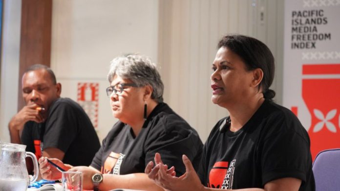 Image: Palau Media Council board member Leilani Reklai (right) at the 2023 Pacific Media Freedom Index launch in Palau, pictured on Sept. 23, 2024 (Photo: Stefan Armbruster / Source: BenarNews)