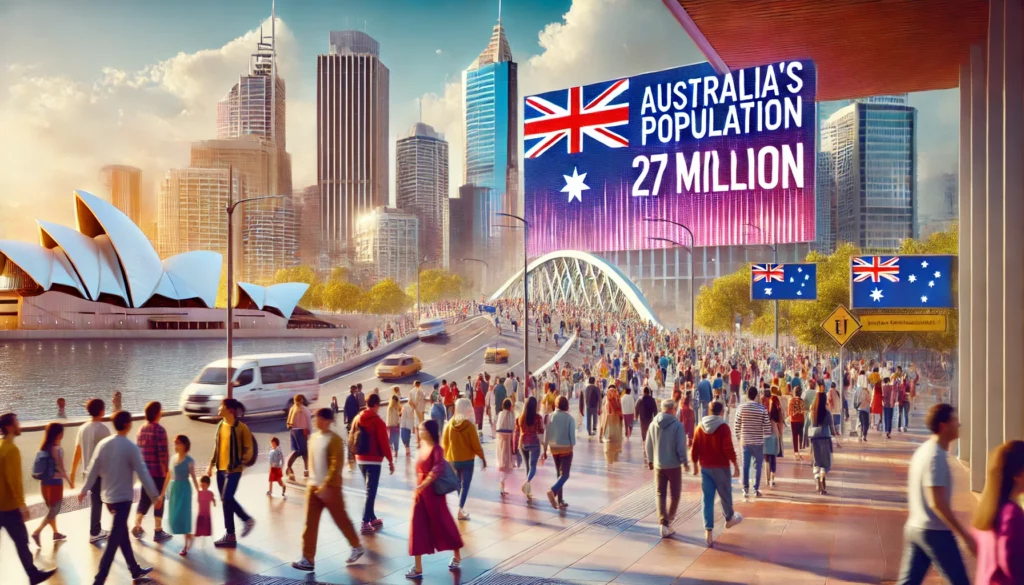 DALL·E 2024 09 19 15.42.27 A vibrant landscape format image depicting Australias population soaring past 27 million due to migration driven growth. The image shows a diverse cr 2