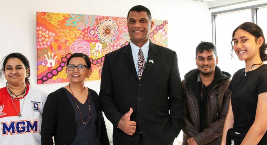 Image: Fiji's Minister for Education, Aseri Radrodro, with Dr Asha Chand and students of Western Sydney University (Source: LinkedIn - Dr Asha Chand)