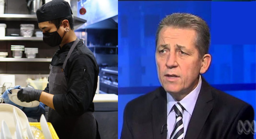 Representtaive Image: Underpaid Restaurant worker (Source: CANVA) / Image: Labor Senator Chris Evans as the nation’s first Anti-Slavery Commissioner (Source: ABC News screenshot)