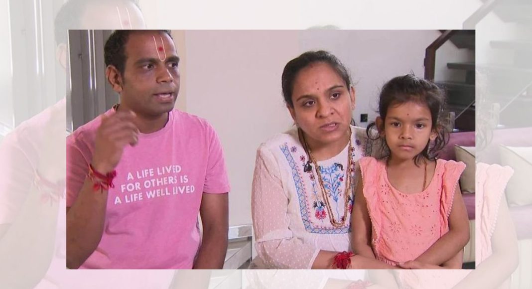 Image: Chetan Patel and his pregnant wife Rohini with their five-year-old daughter. (Source: Nine News screenshot)