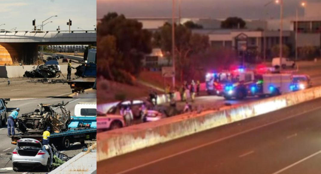 Image: Tragic crash on Leach Highway near Perth Airport (Source: ABC News and 7News screenshots)