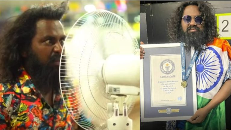 India’s “Drillman” sets world record, stops 57 electric fans with tongue in a minute