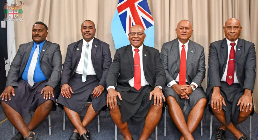 Image: Ioane Naivalurua, Viliame Naupoto, and Mosese Drecala Bulitavu with Prime Minister Sitiveni Rabuka (Source: Fiji Government – Facebook)