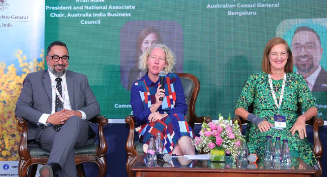 Image: Australian Consul General for Karnataka and Telangana Ms Hilary McGeachy speaking at a session at the Karnataka global investors meet 2025 (Source: X)