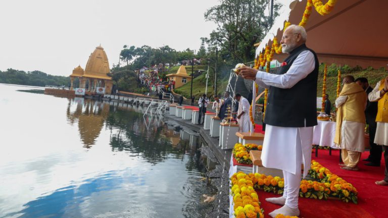 Indian Prime Minister Narendra Modi offers sacred Ganga water at Mauritius’ Ganga Talao, deepening spiritual ties