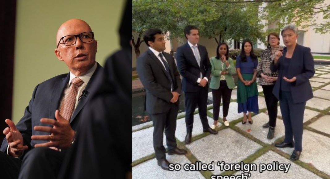 Image: (Left) Opposition ledaer Peter Dutton at Lowy Institute (Source: X) and (Right) Senator Penny Wong and Assistant Minister Tim Watts with Labor party colleagues (Source: Instagram video screenshot)