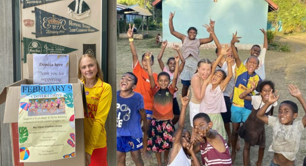 Image: Image: Tilly with swimwear donations and with local children in Fiji (Source: Instagram)
