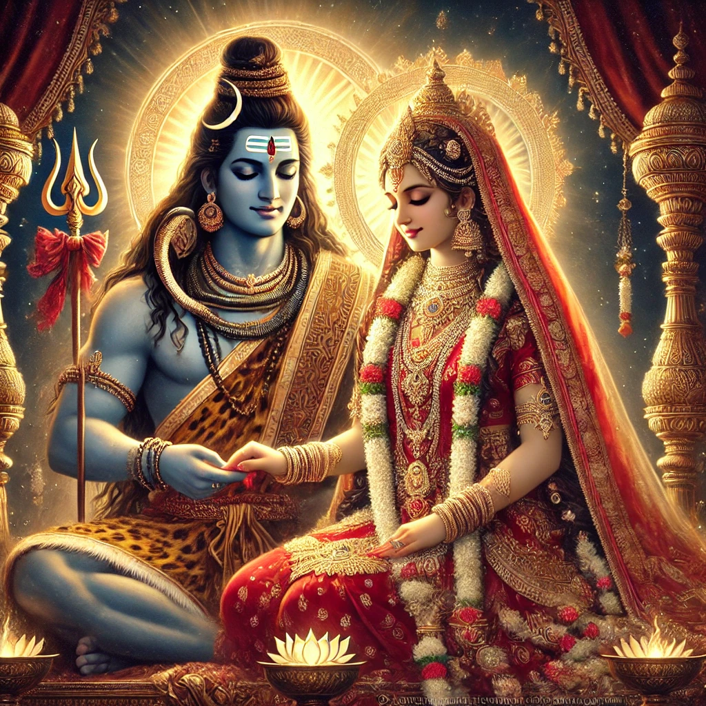 DALL·E 2025 03 22 15.05.52 A traditional Indian depiction of Lord Shiva and Goddess Parvatis wedding focusing exclusively on the divine couple. Lord Shiva with an Indian appe 1
