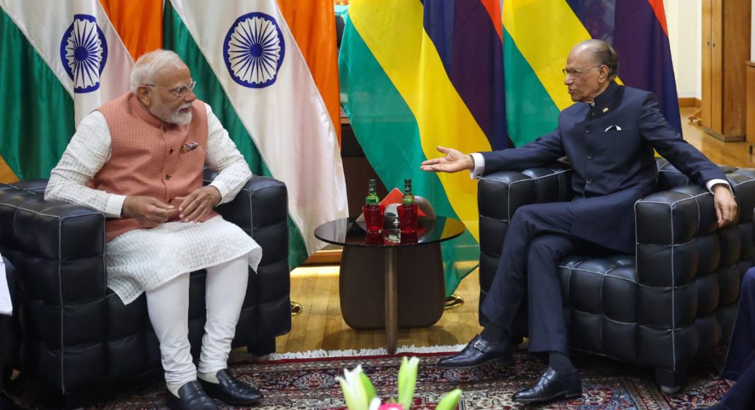 Indian PM Narendra Modi with Mauritius' PM Navinchandra Ramgoolam- Image Source- PIB