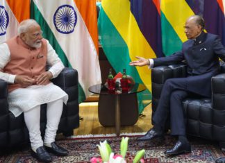 Indian PM Narendra Modi with Mauritius' PM Navinchandra Ramgoolam- Image Source- PIB
