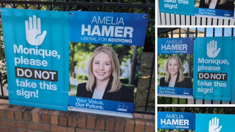 ‘Do not take this sign’: Election campaign heats up as Liberals hit back at Teal candidate