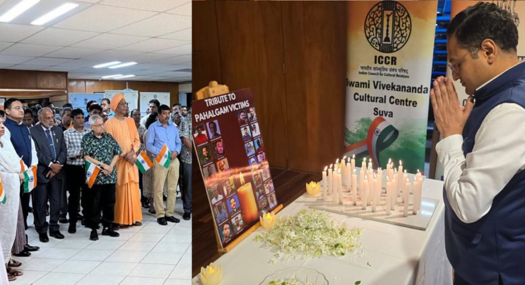 Image: Members of the Indian diaspora and friends from Fiji gathered at the High Commission of India in Suva to pay heartfelt floral tributes and solemnly remember the innocent victims of the tragic terrorist attack in Pahalgam, Kashmir (Source: Facebook - Indian High Commission in Fiji)