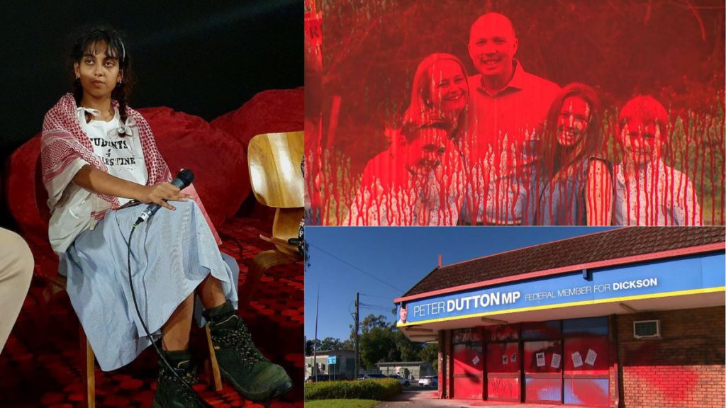 Aahana Nag and Vandalised Petter Dutton's office ; Image Source Move Beyond Coal Brisbane and The Australia Today