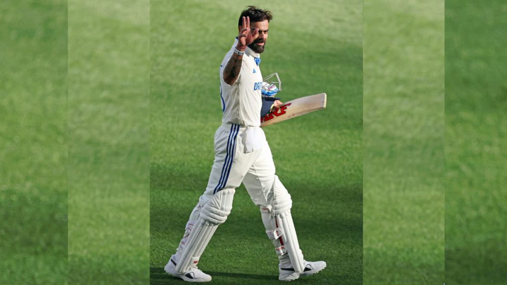 India's Virat Kohli celebrates his century during Day 3 of the first Test match against Australia in the Border Gavaskar Trophy, at Perth Stadium, in Perth on Sunday. (ANI Photo)