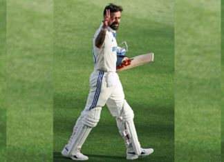 India's Virat Kohli celebrates his century during Day 3 of the first Test match against Australia in the Border Gavaskar Trophy, at Perth Stadium, in Perth on Sunday. (ANI Photo)