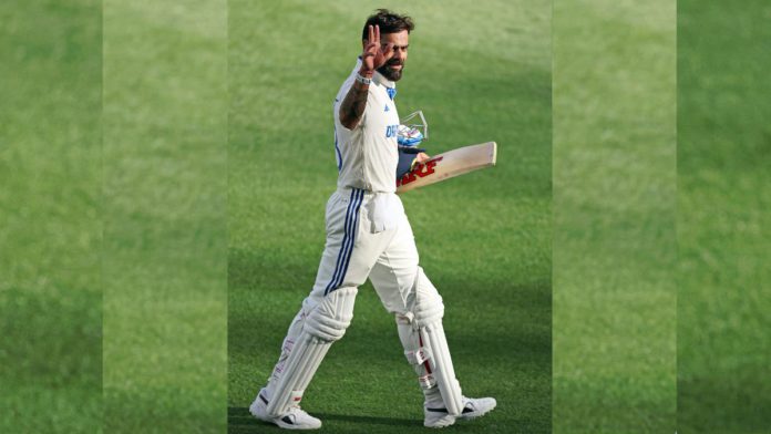 India's Virat Kohli celebrates his century during Day 3 of the first Test match against Australia in the Border Gavaskar Trophy, at Perth Stadium, in Perth on Sunday. (ANI Photo)