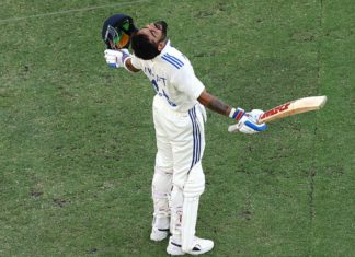 Perth [Australia], Nov 24 (ANI): India's Virat Kohli celebrates his century during Day 3 of the first Test match against Australia in the Border Gavaskar Trophy, at Perth Stadium, in Perth on Sunday. (ANI Photo)